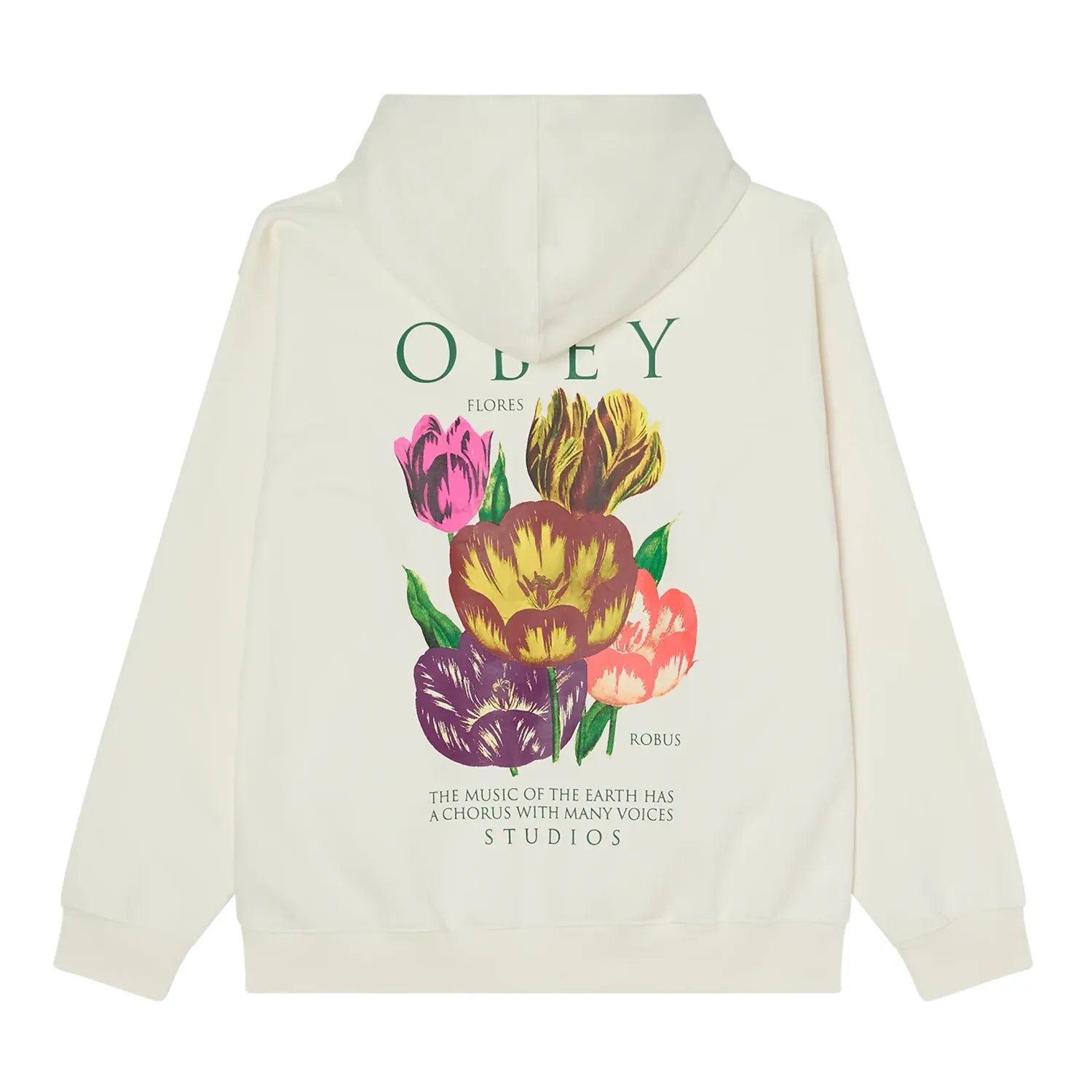 Back view of the Unbleached Obey Flores Robus hoodie with a colorful floral graphic