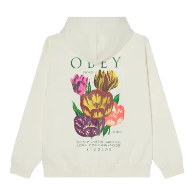 Back view of the Unbleached Obey Flores Robus hoodie with a colorful floral graphic