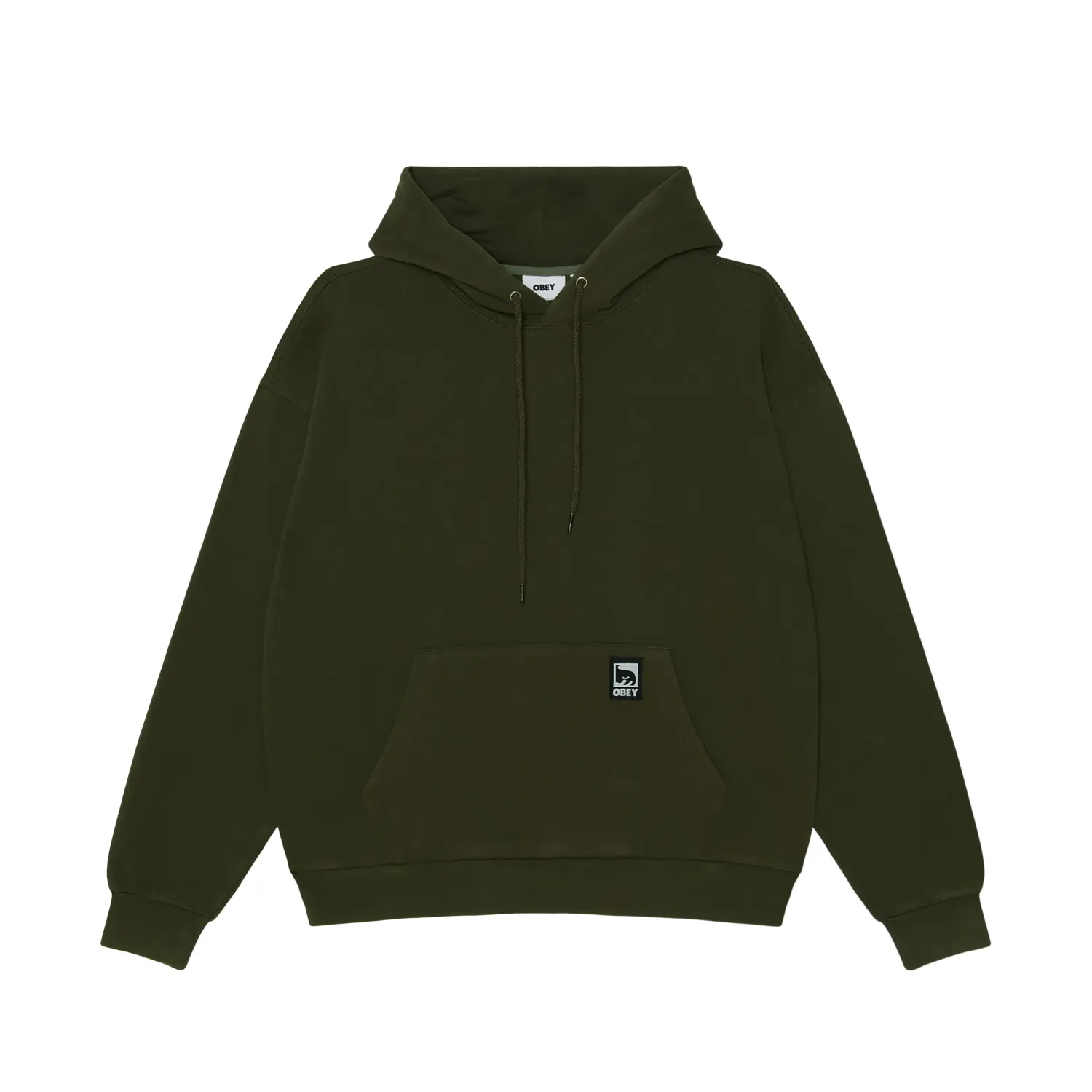 Front view of the Dusty Black Olive Obey Post hoodie with a pouch pocket and small art label