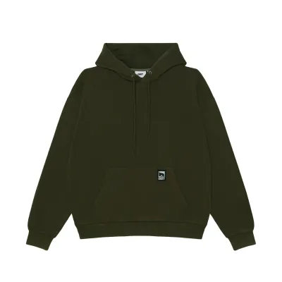 Front view of the Dusty Black Olive Obey Post hoodie with a pouch pocket and small art label