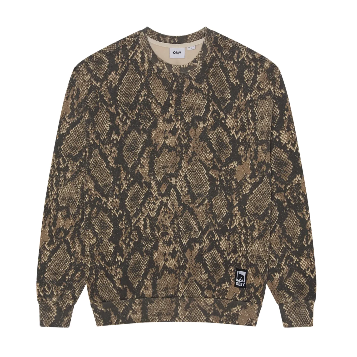 Front view of the Obey Post crewneck in Dusty Vintage Rattlesnake with an allover snakeskin print