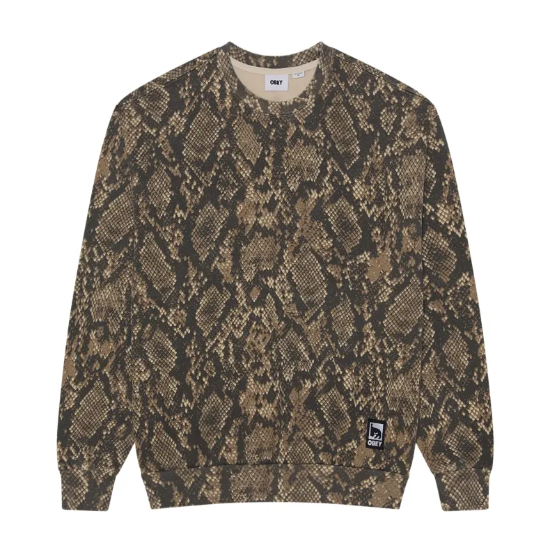 Front view of the Obey Post crewneck in Dusty Vintage Rattlesnake with an allover snakeskin print