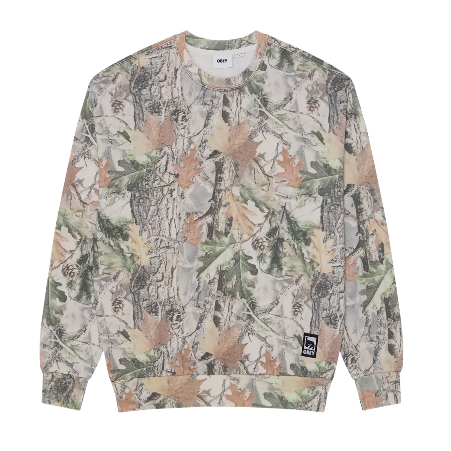 Front view of the Obey Post crewneck in Dusty Vintage Wood Camo with a small hem label