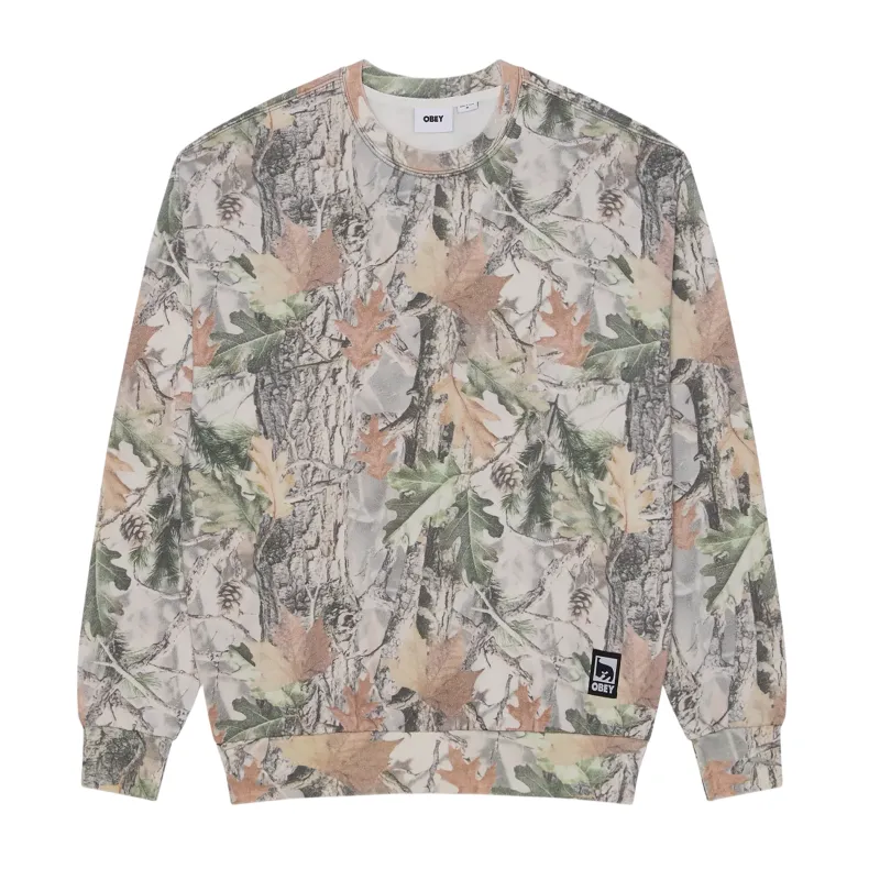 Front view of the Obey Post crewneck in Dusty Vintage Wood Camo with a small hem label