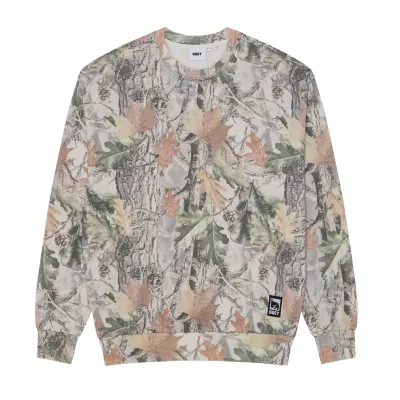 Front view of the Obey Post crewneck in Dusty Vintage Wood Camo with a small hem label