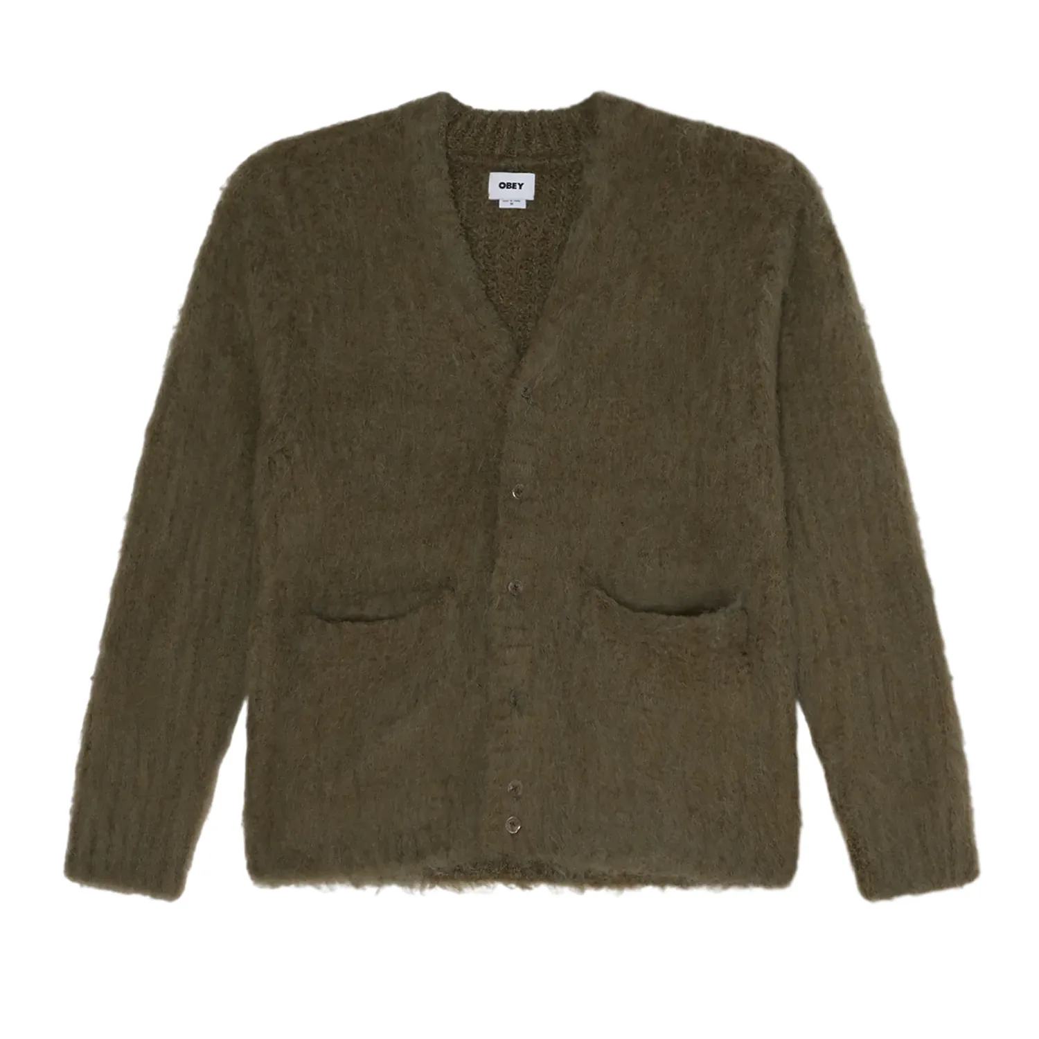 Front view of the Tea Leaf Obey Patron cardigan showing its button front and welt pockets