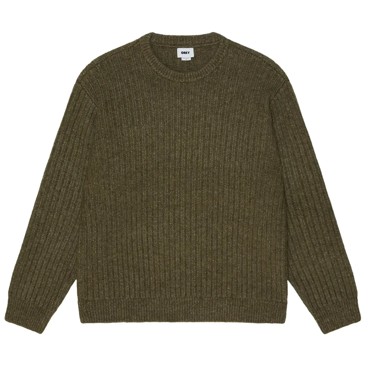 Front view of the Heather Green Obey Drex sweater with ribbed neckband, cuffs and hem