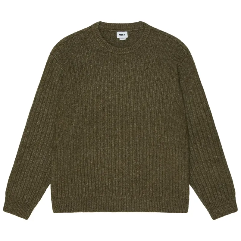 Front view of the Heather Green Obey Drex sweater with ribbed neckband, cuffs and hem