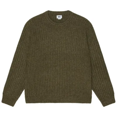 Front view of the Heather Green Obey Drex sweater with ribbed neckband, cuffs and hem