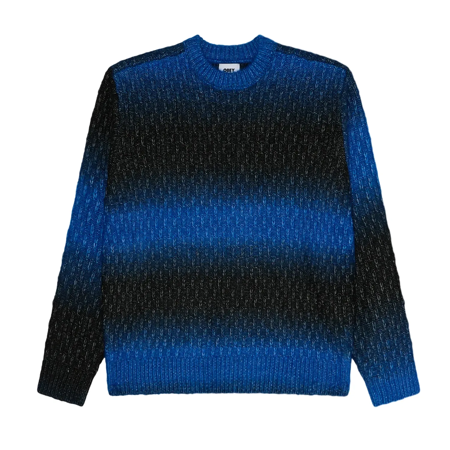 Front view of the Obey Haze Gradient sweater showing blue and black ombré bands