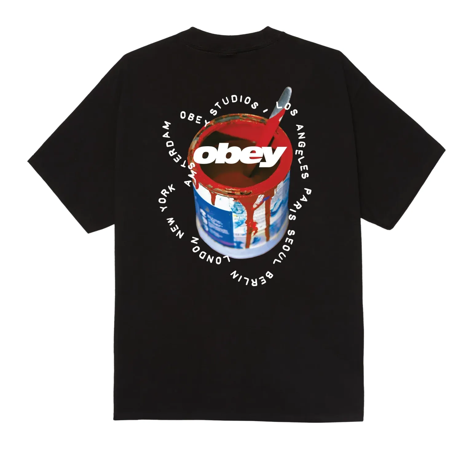 Back view of the black Obey Real Spill tee showing a colorful paint-can graphic and Obey logo