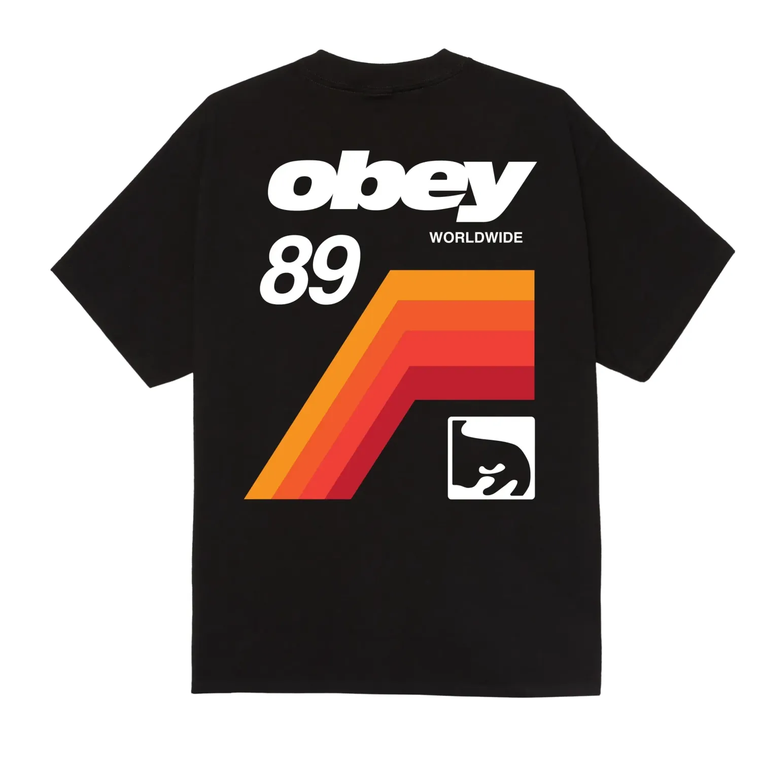 Back view of the black Obey VHS tee showing Obey 89 lettering and orange-to-red stripes