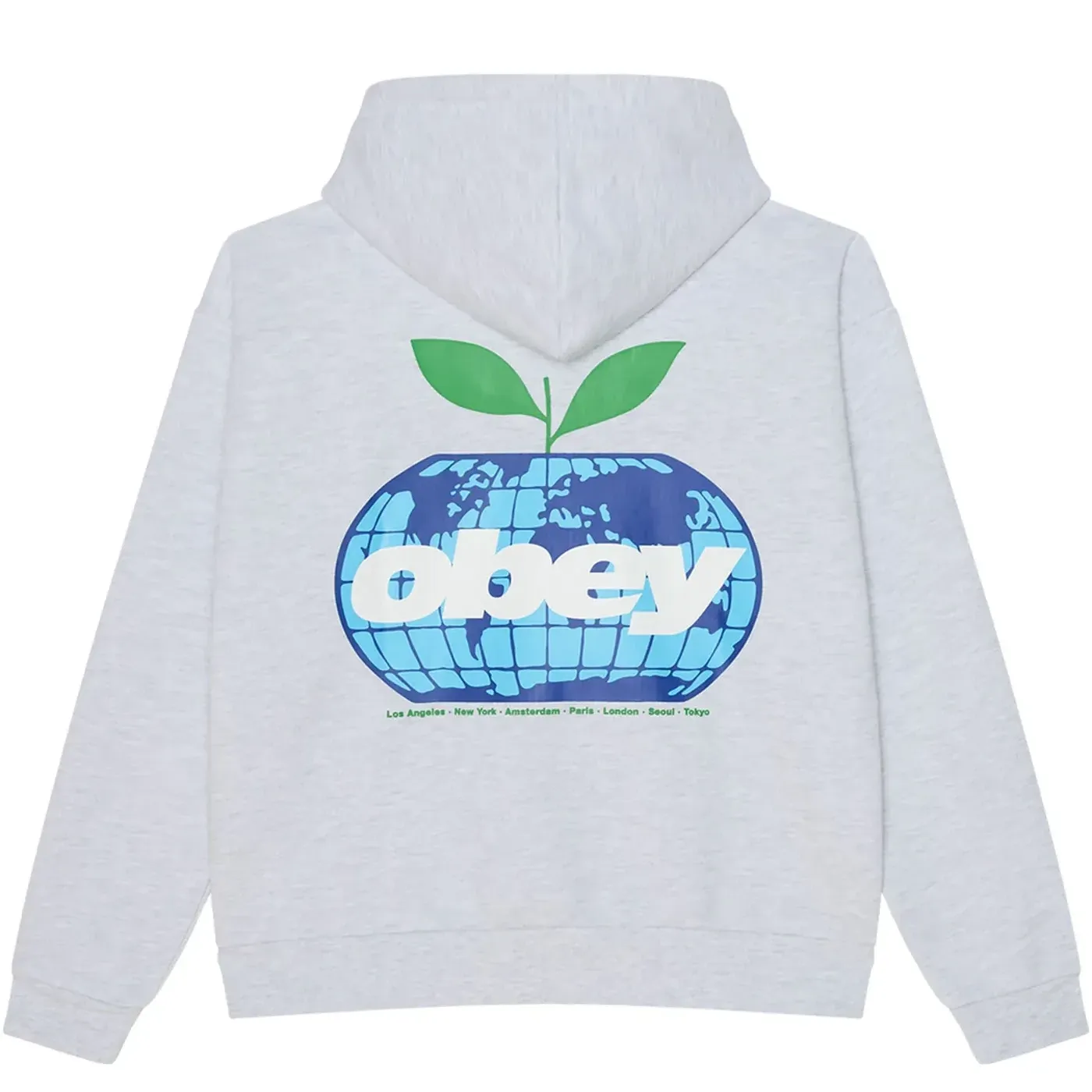 Back view of the Ash Grey Obey Intercontinental hoodie with a blue globe and green sprout graphic