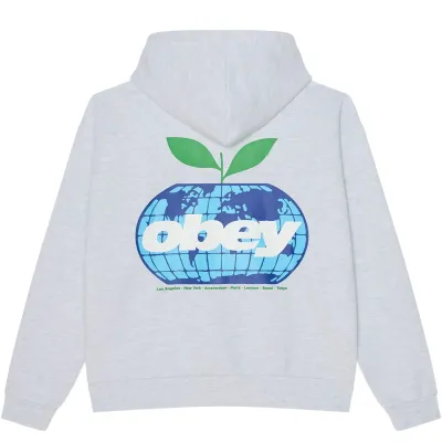 Back view of the Ash Grey Obey Intercontinental hoodie with a blue globe and green sprout graphic