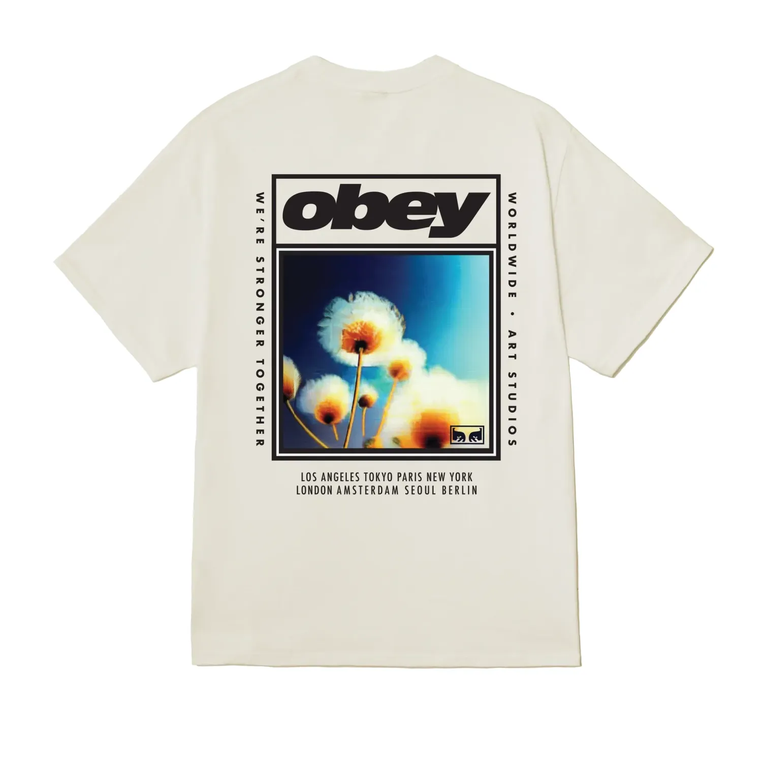 Back view of the Vintage White Obey Stronger Together tee showing a floral graphic and bold Obey lettering