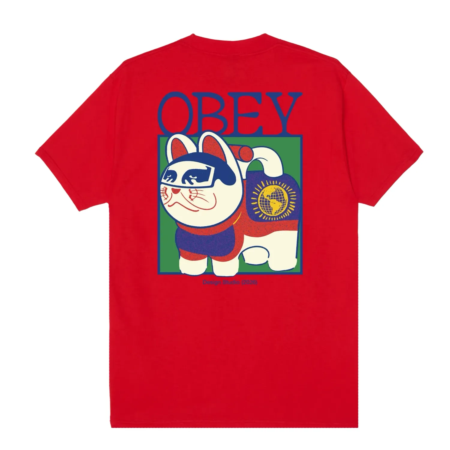Back view of the red Obey Lucky Cat tee showing a colorful lucky cat graphic and Obey lettering