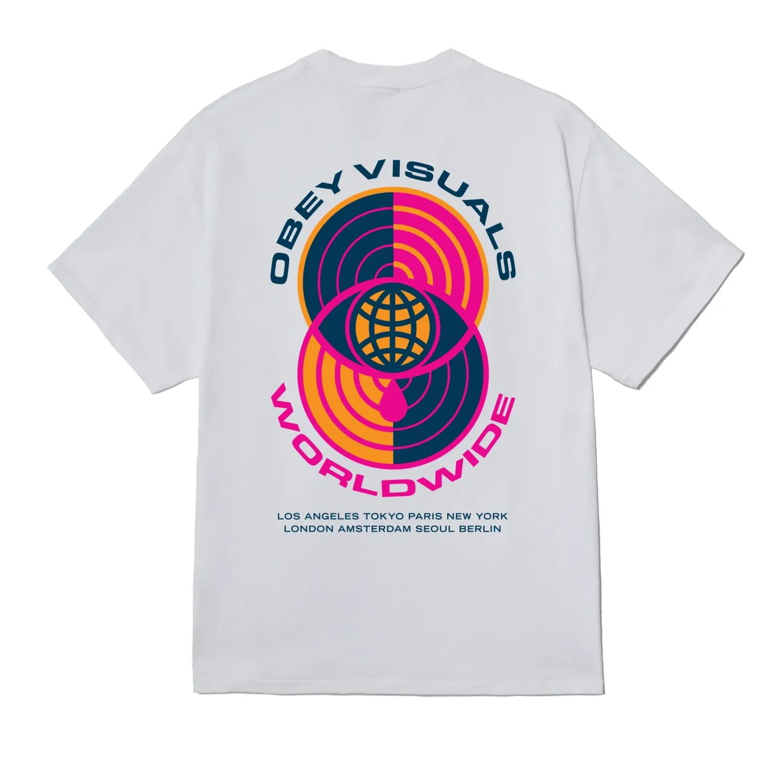Back view of the white Obey Earth Crisis tee showing a colorful eye, globe and concentric rings