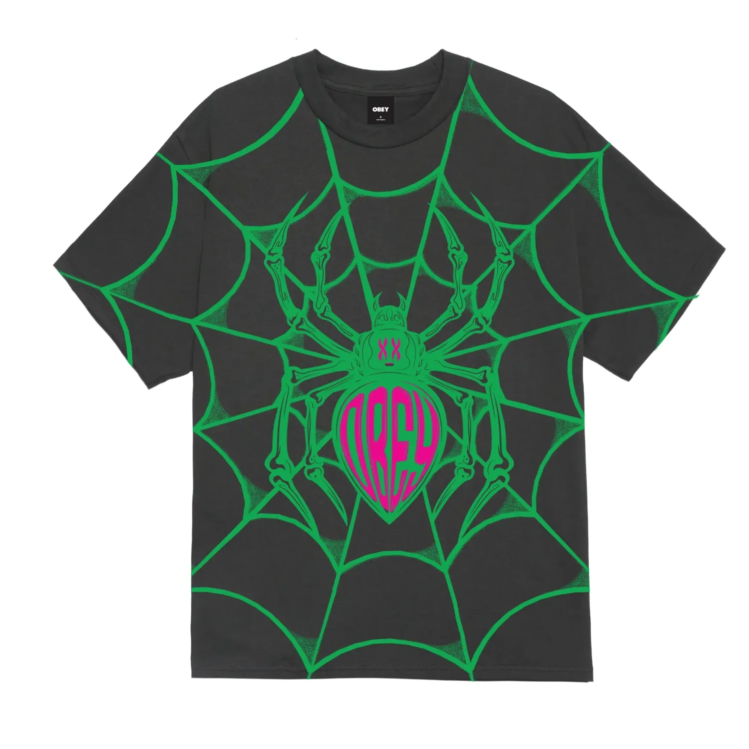 Front view of the Vintage Black Obey Spider tee with a green spider web and magenta graphic