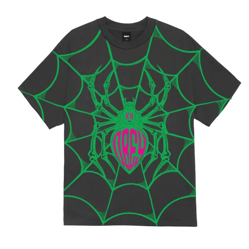 Front view of the Vintage Black Obey Spider tee with a green spider web and magenta graphic