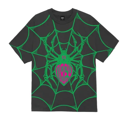 Front view of the Vintage Black Obey Spider tee with a green spider web and magenta graphic