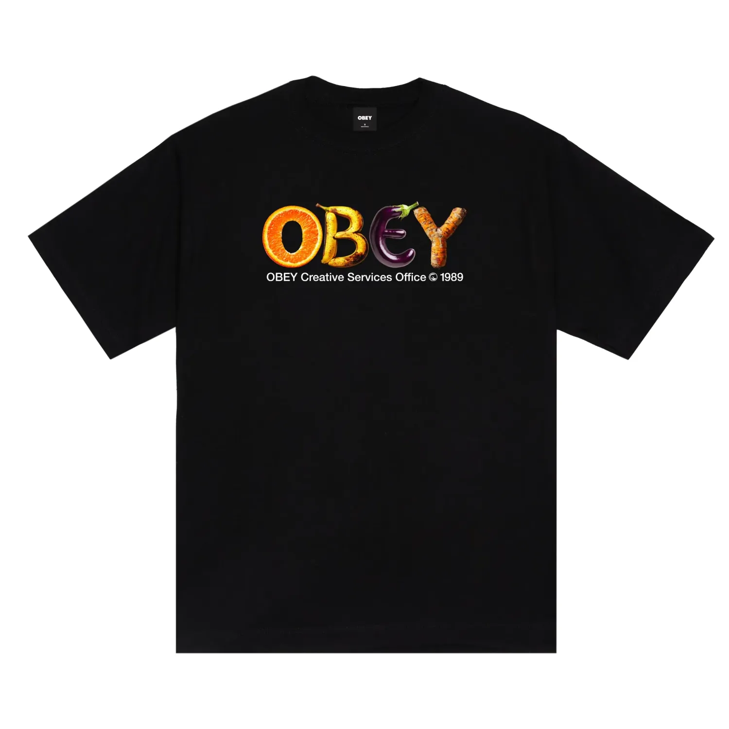 Front view of the black Obey Creative Services Office tee with colorful produce-inspired OBEY lettering