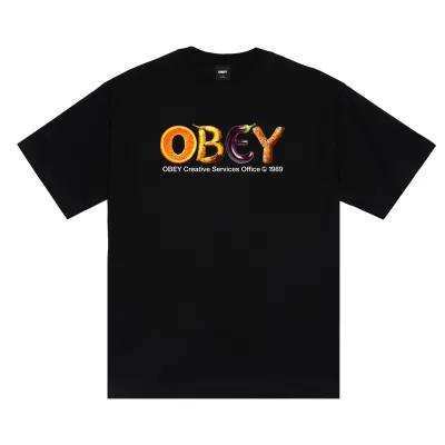 Front view of the black Obey Creative Services Office tee with colorful produce-inspired OBEY lettering