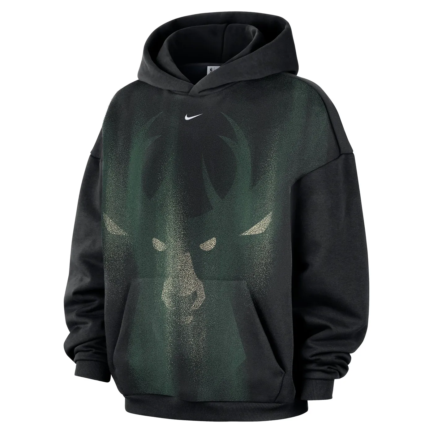 Front view of the black Nike Bucks hoodie with tonal deer graphic, embroidered Swoosh and kangaroo pocket.