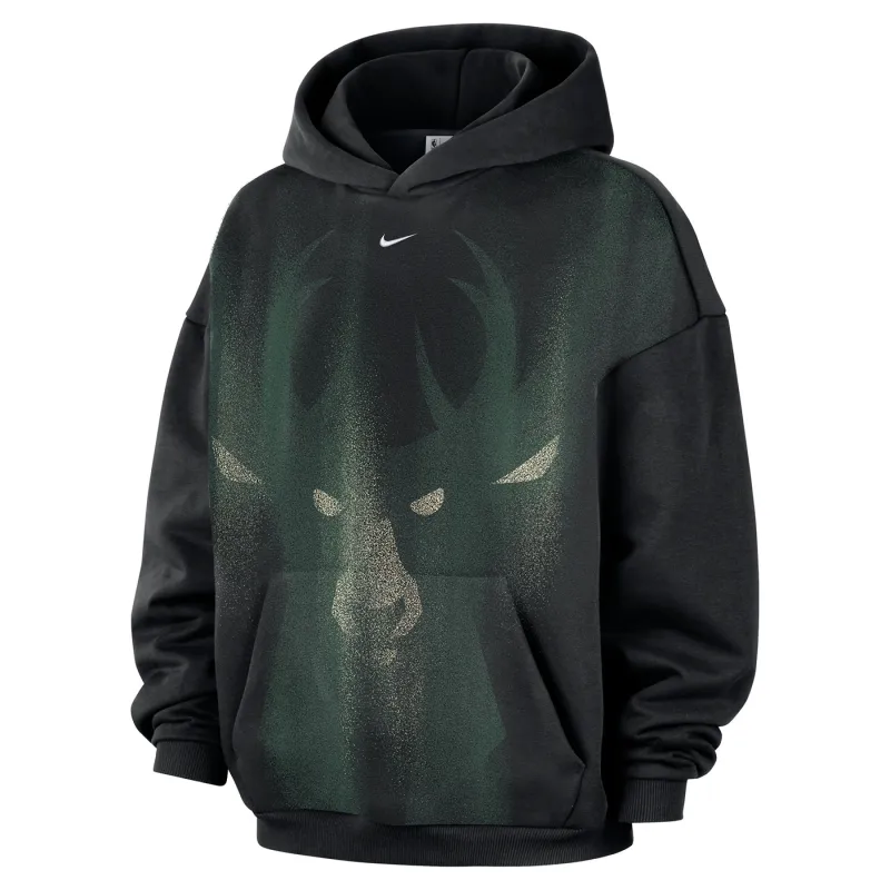 Front view of the black Nike Bucks hoodie with tonal deer graphic, embroidered Swoosh and kangaroo pocket.