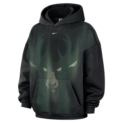 Front view of the black Nike Bucks hoodie with tonal deer graphic, embroidered Swoosh and kangaroo pocket.