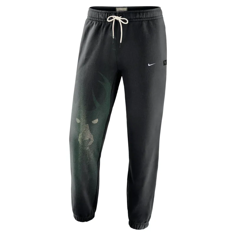 Front view of the black Bucks pants with tonal deer graphic, embroidered Swoosh and drawcord waist.