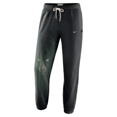 Front view of the black Bucks pants with tonal deer graphic, embroidered Swoosh and drawcord waist.