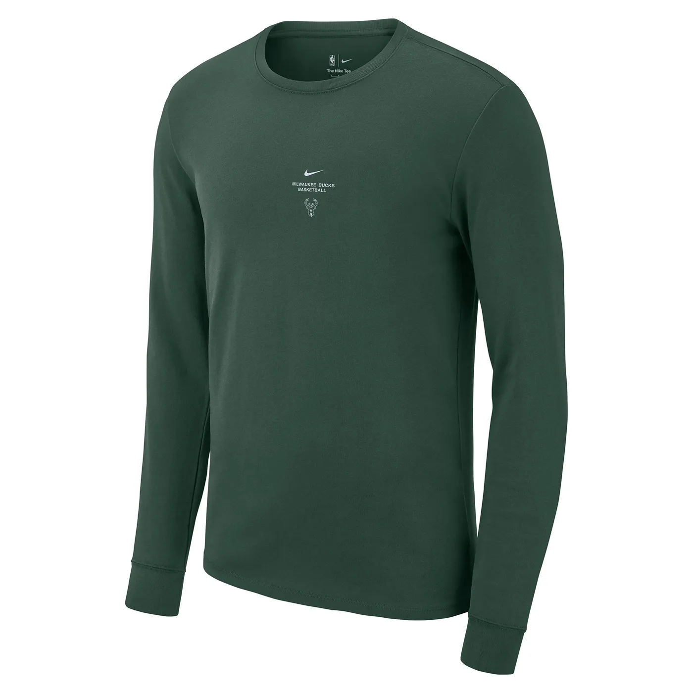 Front view of the green Bucks practice tee with Nike Swoosh, team wordmark and deer logo at the chest.