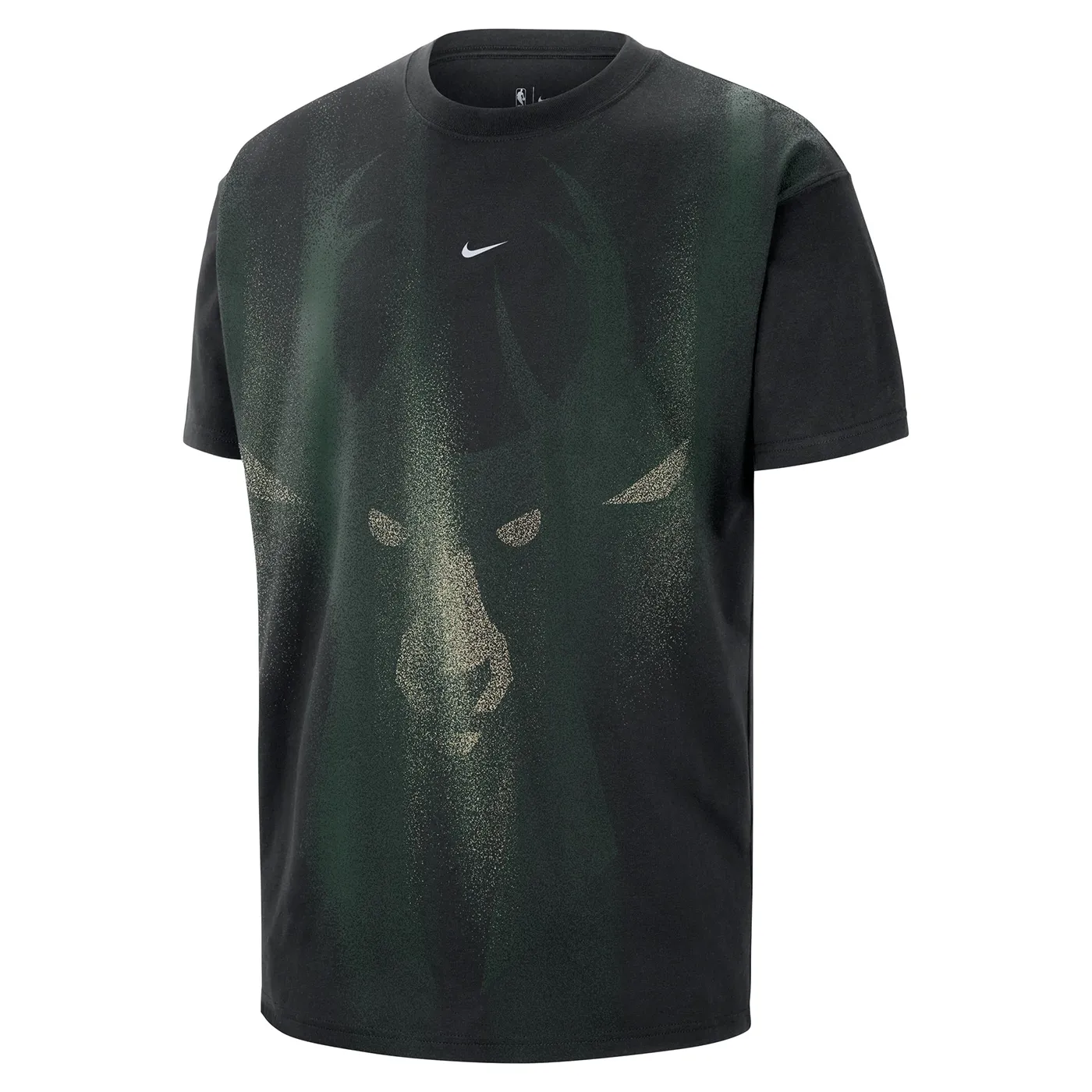 Front view of the black Bucks Icon Tee with an oversized tonal green deer graphic and Nike Swoosh.