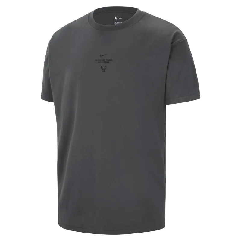 Front view of the black Milwaukee Bucks Pregame Tee with subtle Nike and team graphics at the chest.