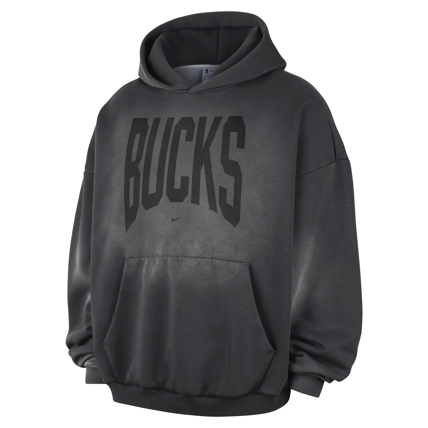 Front view of the Dark Charcoal Bucks hoodie with a tonal wordmark and spacious kangaroo pocket.