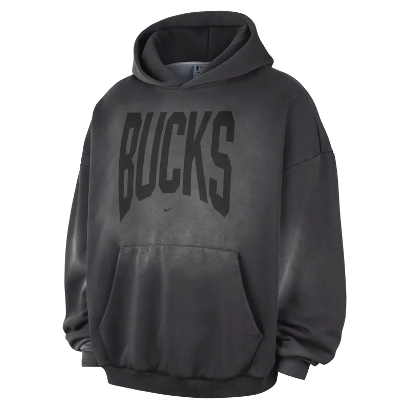 Front view of the Dark Charcoal Bucks hoodie with a tonal wordmark and spacious kangaroo pocket.