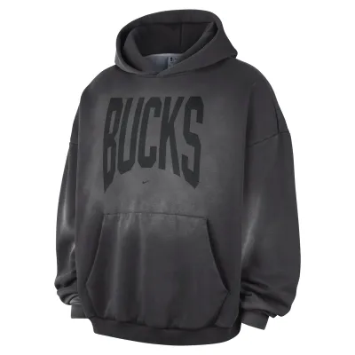 Front view of the Dark Charcoal Bucks hoodie with a tonal wordmark and spacious kangaroo pocket.