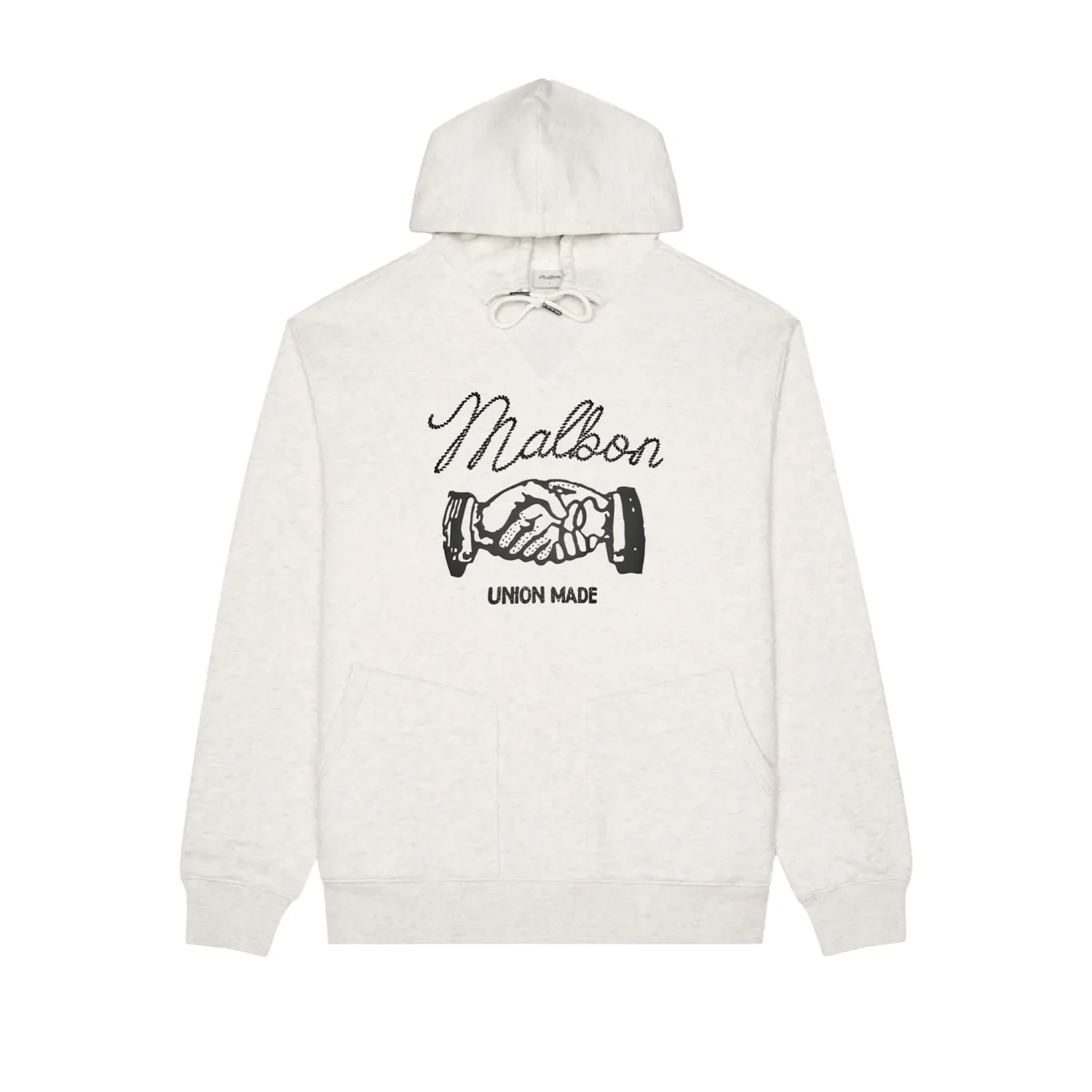Front view of the Malbon Golf Union Made hoodie showing the black Malbon and handshake graphic