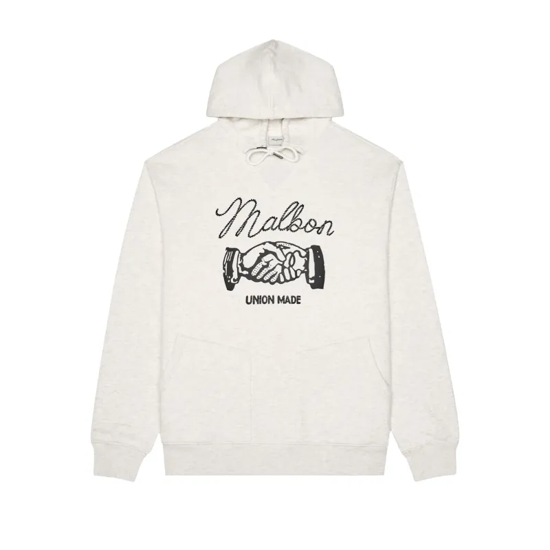 Front view of the Malbon Golf Union Made hoodie showing the black Malbon and handshake graphic