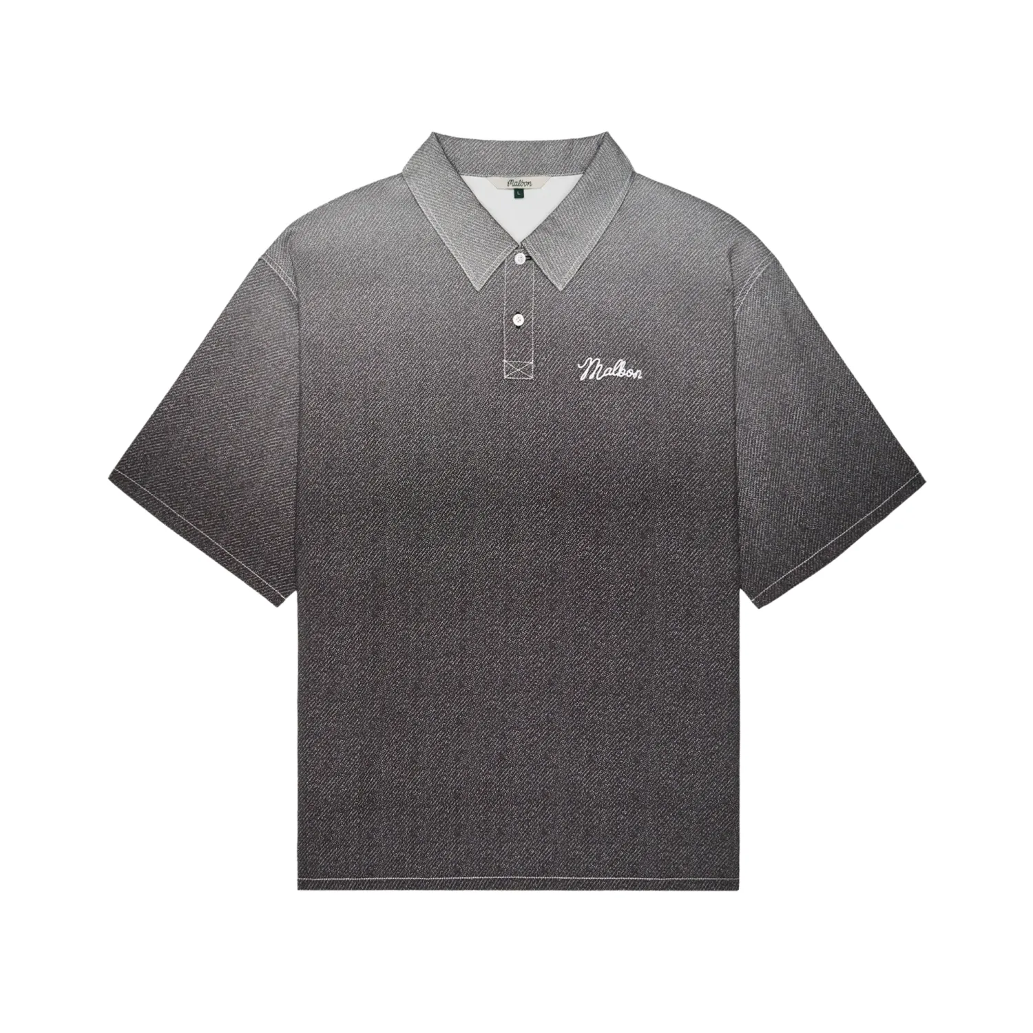 Front view of the black Malbon Golf Ironfade polo showing its faded print and relaxed shape