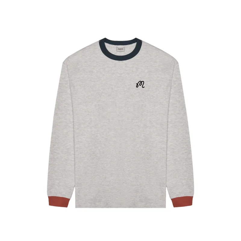 Front view of the Malbon Gorse Heritage long sleeve tee in Heather Oatmeal