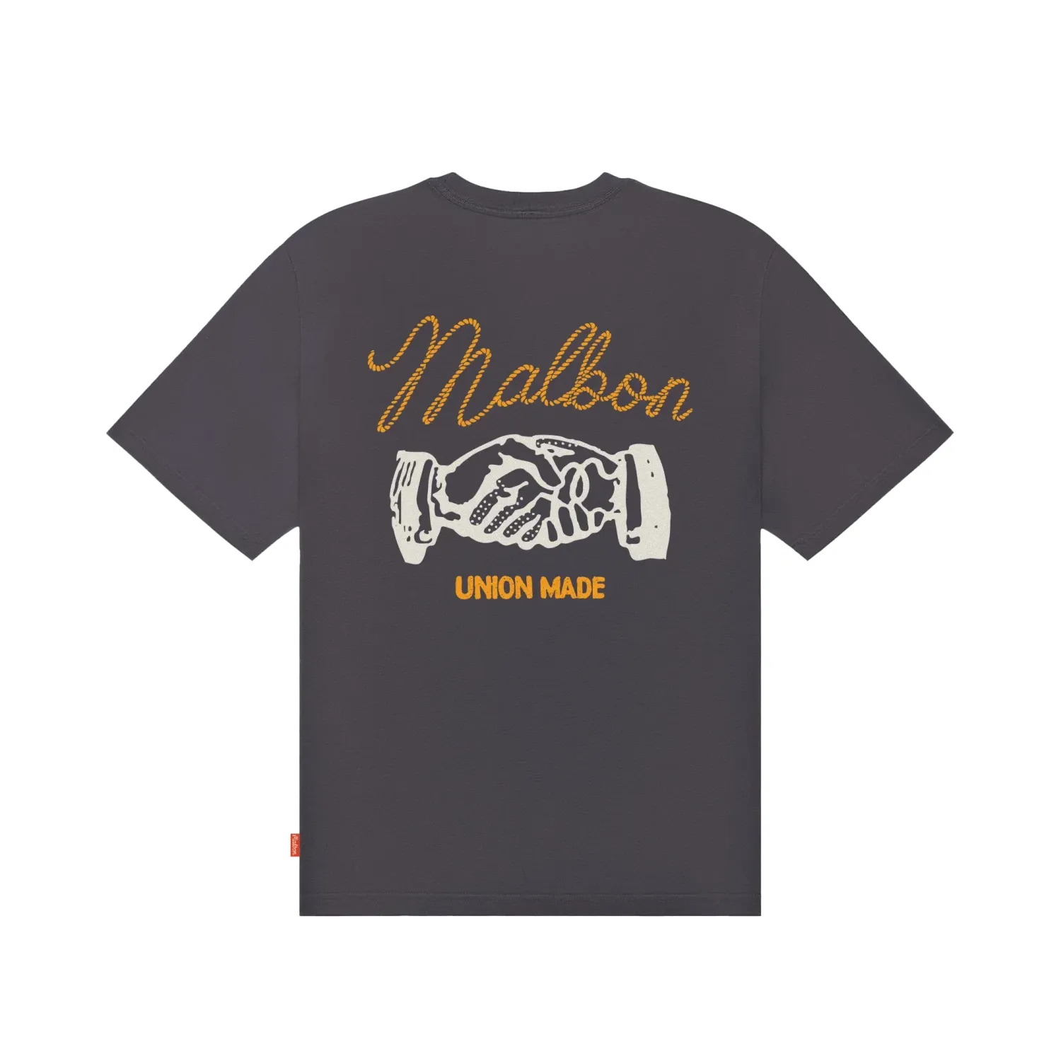 Back view of the black Malbon Vista Union Made tee showing Malbon script and handshake artwork