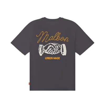 Back view of the black Malbon Vista Union Made tee showing Malbon script and handshake artwork
