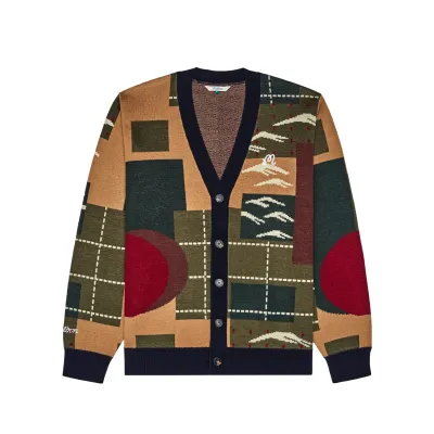 Front view of the Malbon Golf Edo cardigan showing its patchwork-inspired jacquard pattern