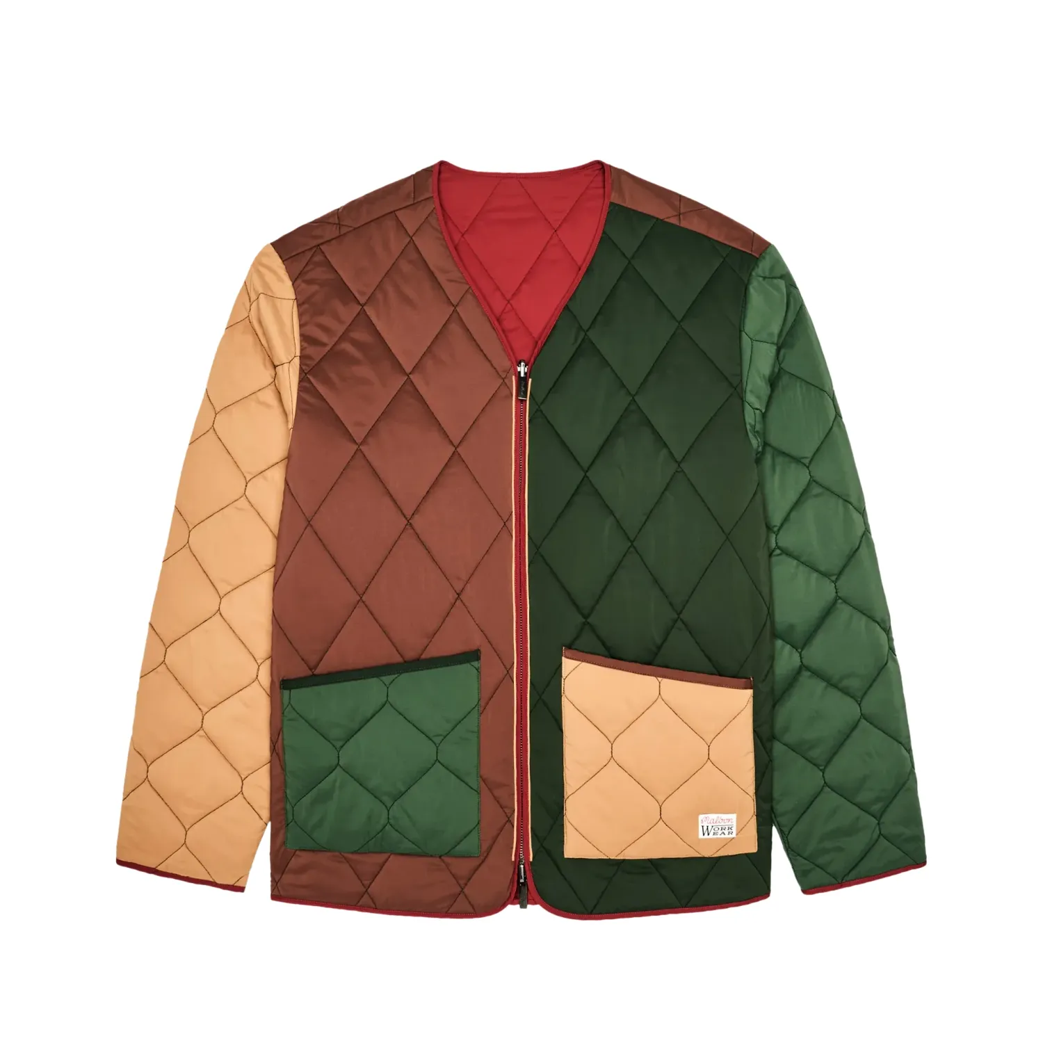 Front view of the patchwork side showing colored panels, zipper and patch pockets