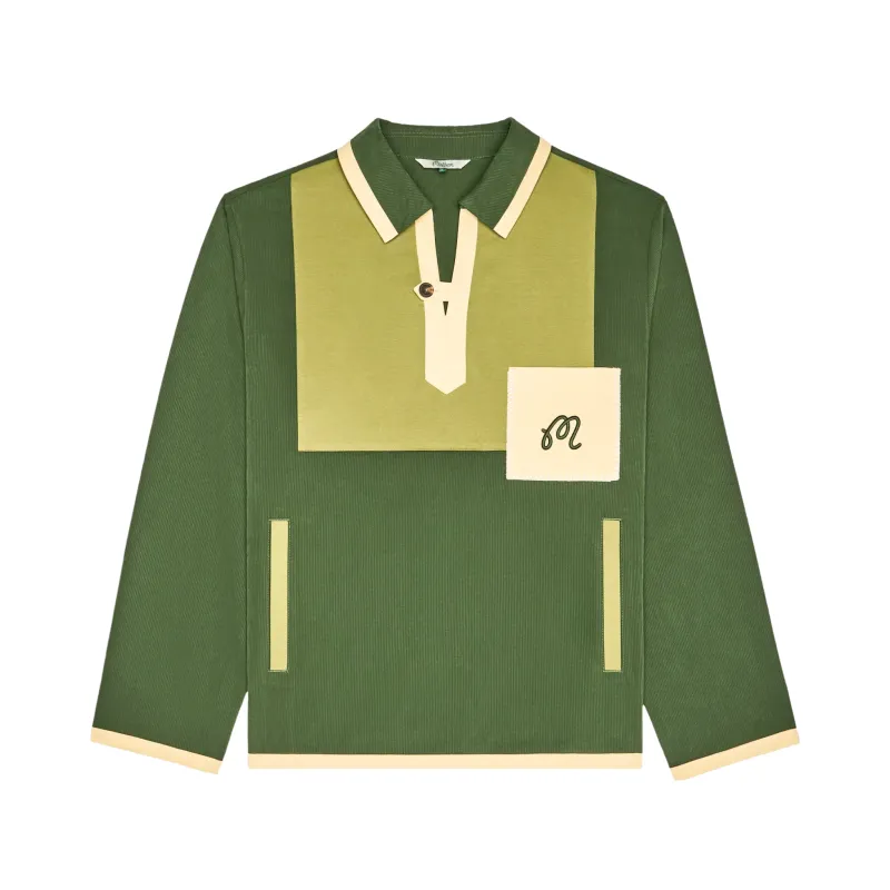 1. Front view of the Malbon Repair pullover showing its contrast bib, chest pocket and welt pockets