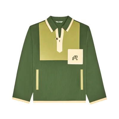1. Front view of the Malbon Repair pullover showing its contrast bib, chest pocket and welt pockets