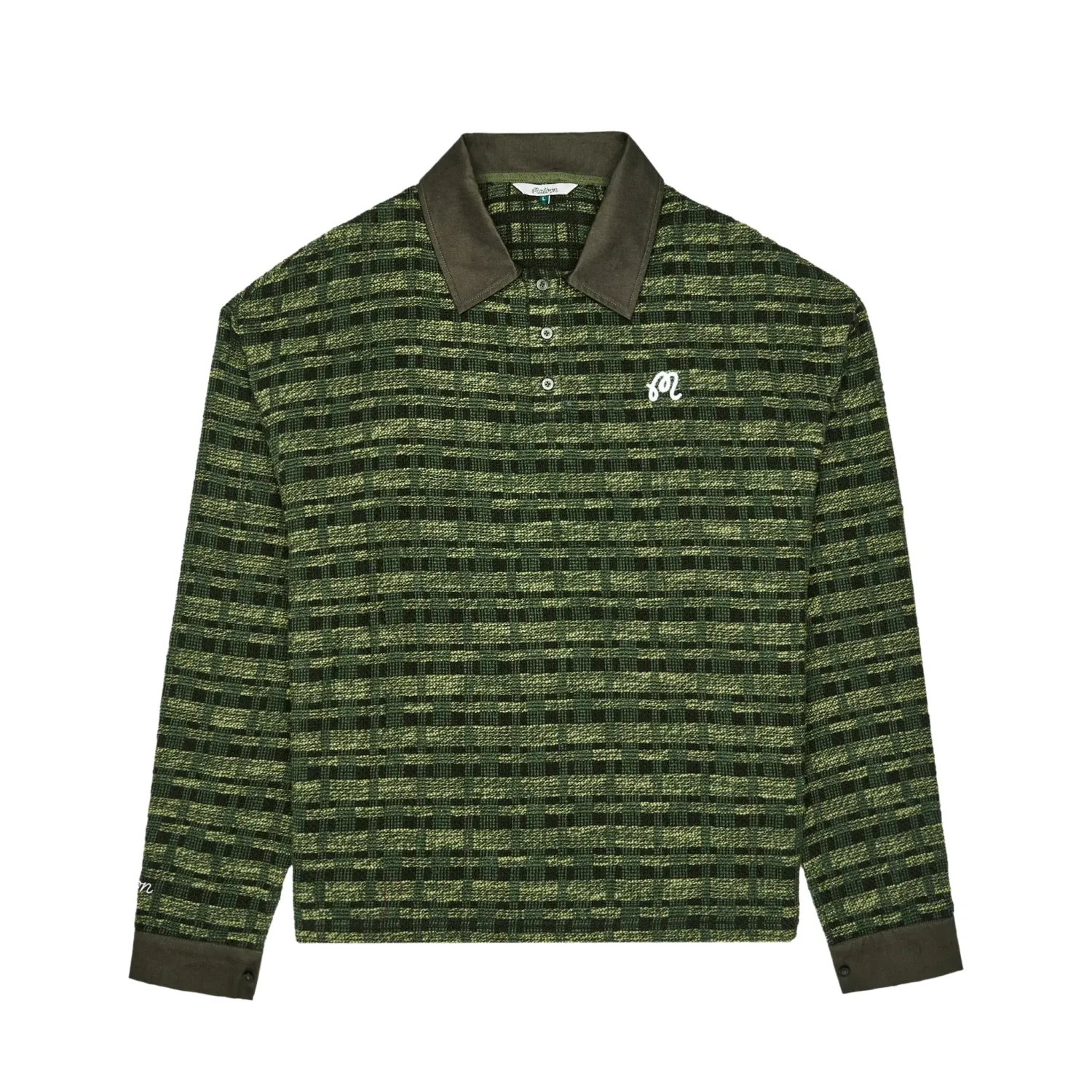 Front view of the olive Malbon Golf Wabi polo showing its patterned body and contrast trim