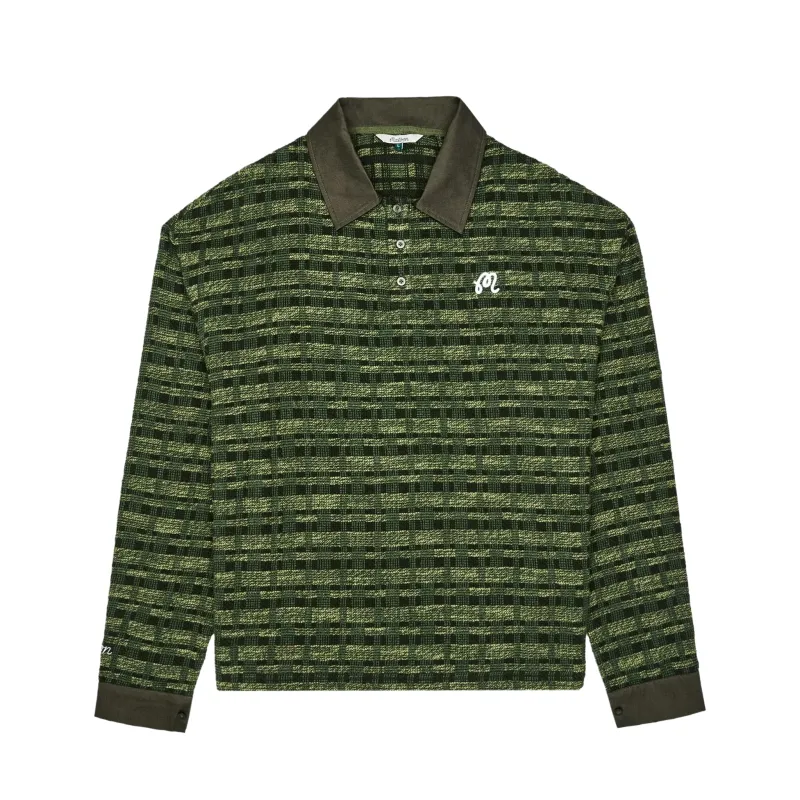 Front view of the olive Malbon Golf Wabi polo showing its patterned body and contrast trim