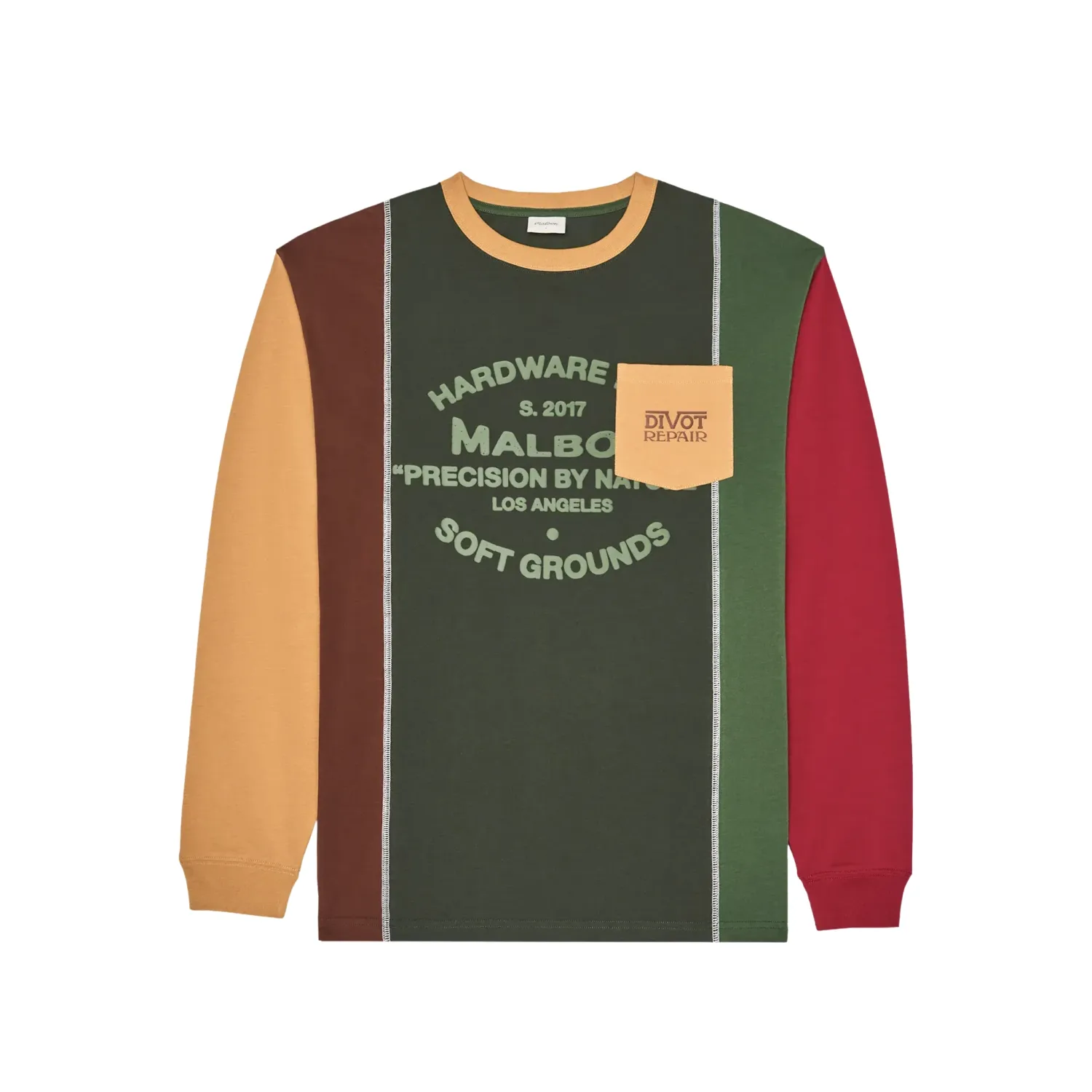 Front view of the olive Malbon Gridline tee showing its color blocking and chest graphic